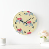 茶色には赤い花葉と緑の花 ラージ壁時計 (ホーム)