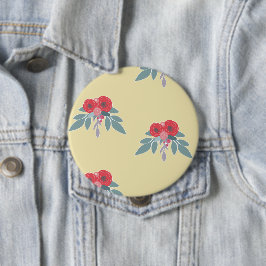 茶色には赤い花葉と緑の花 缶バッジ