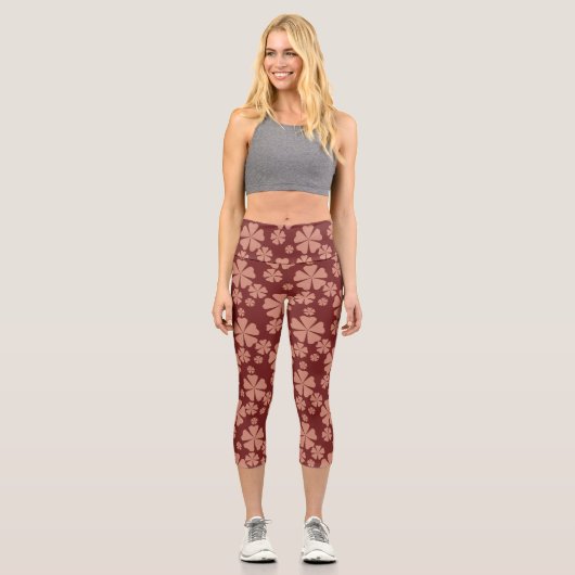 茶色にミュートされたフローラ抽象芸術パターン カプリレギンス (正面)