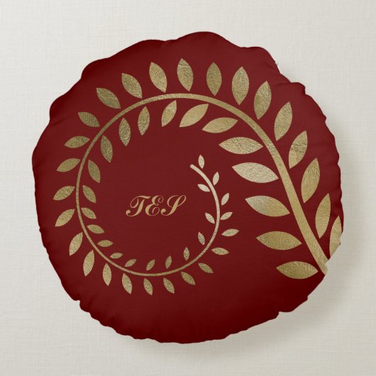 茶色に対して金ゴールドの様式化されたカールしたスパイラルシダ ラウンドクッション (裏面)