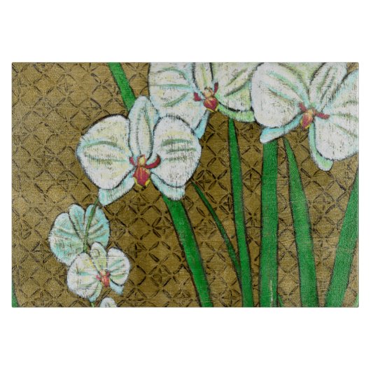 茶色に白い花と緑の縁ど茎 カッティングボード (正面)