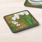 茶色に白い花と緑の縁ど茎 コースター (左側)