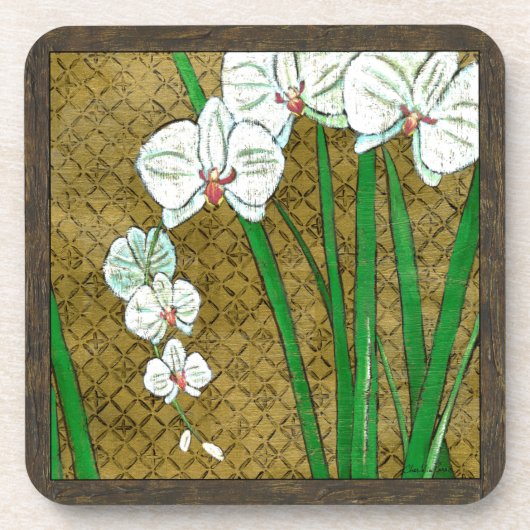 茶色に白い花と緑の縁ど茎 コースター (正面)
