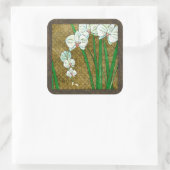 茶色に白い花と緑の縁ど茎 スクエアシール (バッグ)