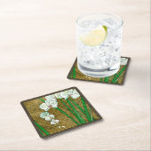 茶色に白い花と緑の縁ど茎 スクエアペーパーコースター (インサイチュ)