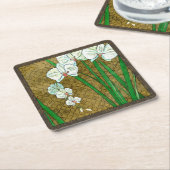 茶色に白い花と緑の縁ど茎 スクエアペーパーコースター (アングル)