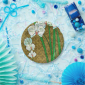 茶色に白い花と緑の縁ど茎 ペーパープレート (パーティー)