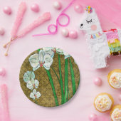 茶色に白い花と緑の縁ど茎 ペーパープレート (パーティー)