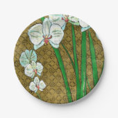 茶色に白い花と緑の縁ど茎 ペーパープレート (正面)