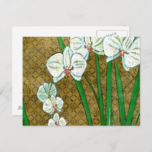 茶色に白い花と緑の縁ど茎 ポストカード (正面/裏面)