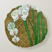 茶色に白い花と緑の縁ど茎 ラウンドクッション (裏面)