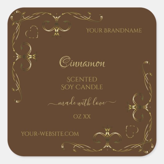 茶色のかわいらし装飾金ゴールドスクロールのコーナー スクエアシール (正面)