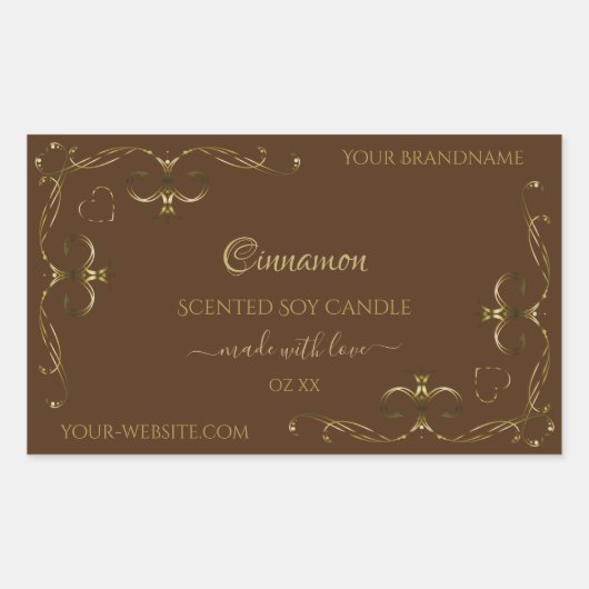 茶色のかわいらし装飾金ゴールドスクロールのコーナー 長方形シール (正面)