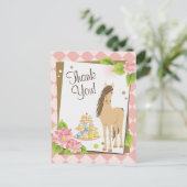 茶色のかわいらし馬とピンクの花ありがとう ポストカード (スタンド正面)