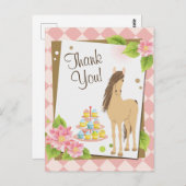 茶色のかわいらし馬とピンクの花ありがとう ポストカード (正面/裏面)