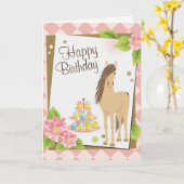 茶色のかわいらし馬とピンクの花のハッピーバースデー カード (黄色い花)