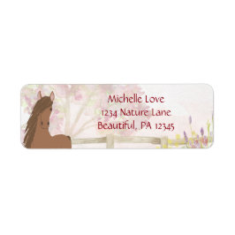 茶色のかわいらし馬と花の住所 ラベル