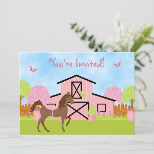 茶色のかわいらし馬と花の誕生日招待状 招待状 (スタンド正面)