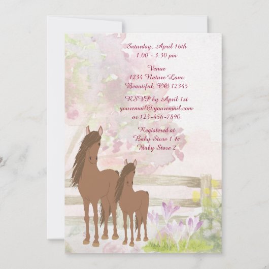 茶色のかわいらし馬と花ベビーシャワー招待状 招待状 (裏面)