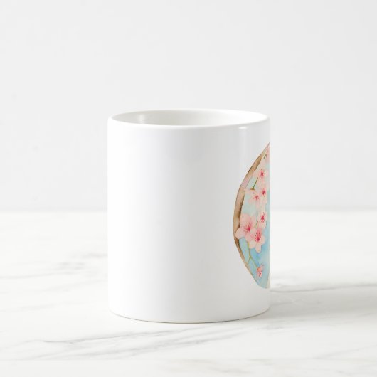 茶色のぶち猫および桜の花の水彩画 コーヒーマグカップ (中央)