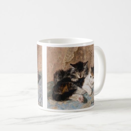 茶色のぶち猫および灰色の子ネコのファインアートの絵画 コーヒーマグカップ (正面右)