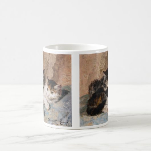 茶色のぶち猫および灰色の子ネコのファインアートの絵画 コーヒーマグカップ (中央)