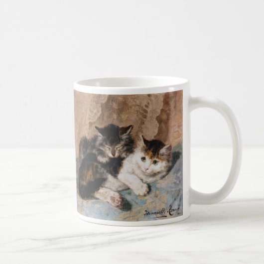茶色のぶち猫および灰色の子ネコのファインアートの絵画 コーヒーマグカップ (右)