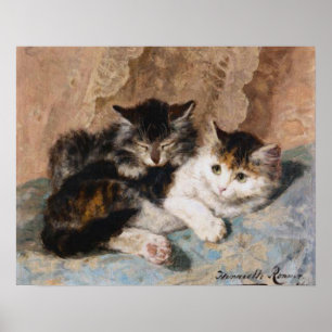 茶色のぶち猫および灰色の子ネコのファインアートの絵画 ポスター