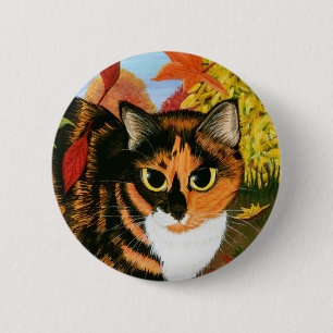 茶色のぶち猫の秋の紅葉の収穫の芸術ボタン 缶バッジ