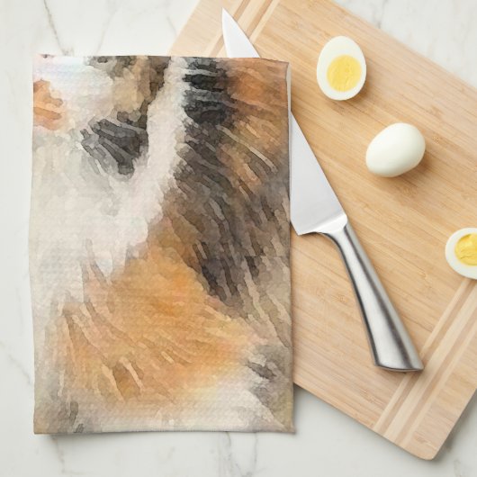 茶色のぶち猫の絵画-かわいい元の猫の芸術 キッチンタオル (四つ折り)