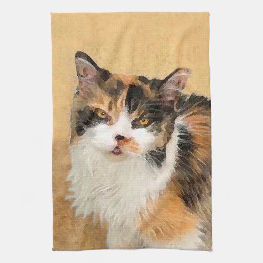 茶色のぶち猫の絵画-かわいい元の猫の芸術 キッチンタオル (縦)