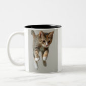 茶色のぶち猫の跳躍 ツートーンマグカップ (左)