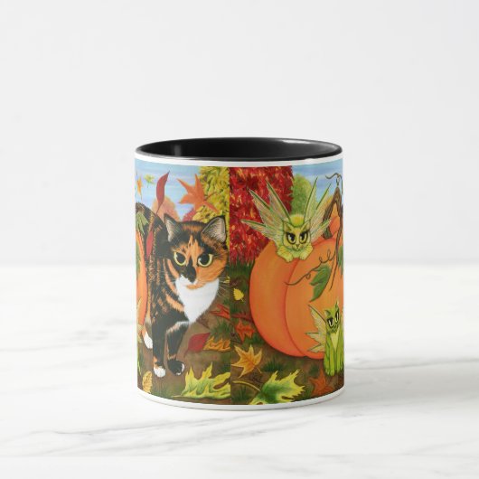 茶色のぶち猫妖精猫の葉の秋の秋の芸術のマグ マグカップ (中央)