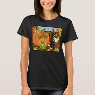 茶色のぶち猫妖精猫の葉の秋の秋の芸術のワイシャツ Tシャツ