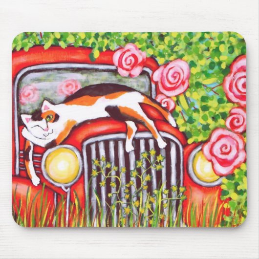 茶色のぶち猫、バラ及び古い車の芸術のマウスパッド マウスパッド (正面)