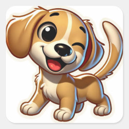 茶色のよくはしゃぐ白い漫画の子犬 スクエアシール