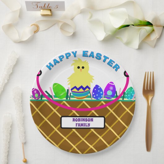 茶色のイースターバスケットイエローシックエッグ ペーパープレート (ウェディング)