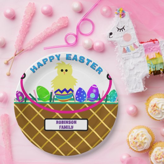 茶色のイースターバスケットイエローシックエッグ ペーパープレート (パーティー)