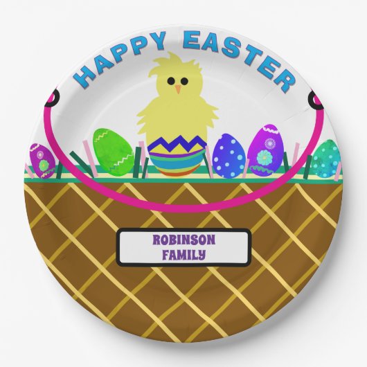 茶色のイースターバスケットイエローシックエッグ ペーパープレート (正面)