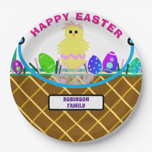 茶色のイースターバスケットイエローピンクシック卵 ペーパープレート (正面)