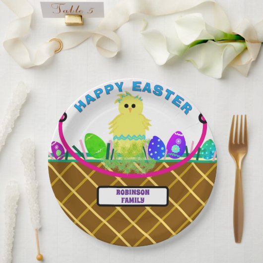 茶色のイースターバスケットイエローブルーストライプのシック卵 ペーパープレート (ウェディング)