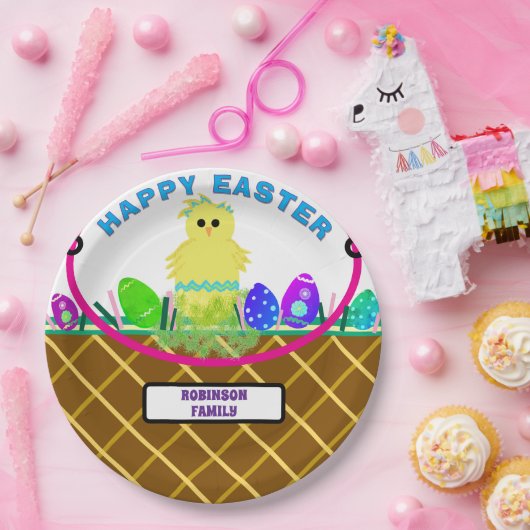 茶色のイースターバスケットイエローブルーストライプのシック卵 ペーパープレート (パーティー)