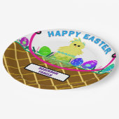 茶色のイースターバスケットイエローブルーストライプのシック卵 ペーパープレート (アングル)