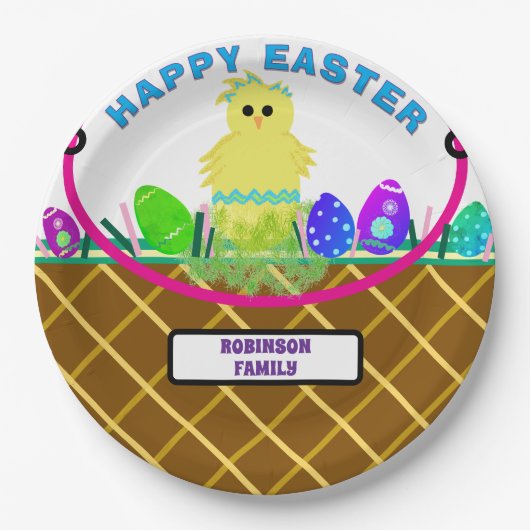 茶色のイースターバスケットイエローブルーストライプのシック卵 ペーパープレート (正面)
