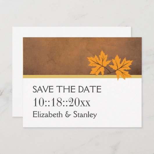 茶色のウェディング葉にオレンジのカエデの日付を保存 案内ポストカード (正面/裏面)