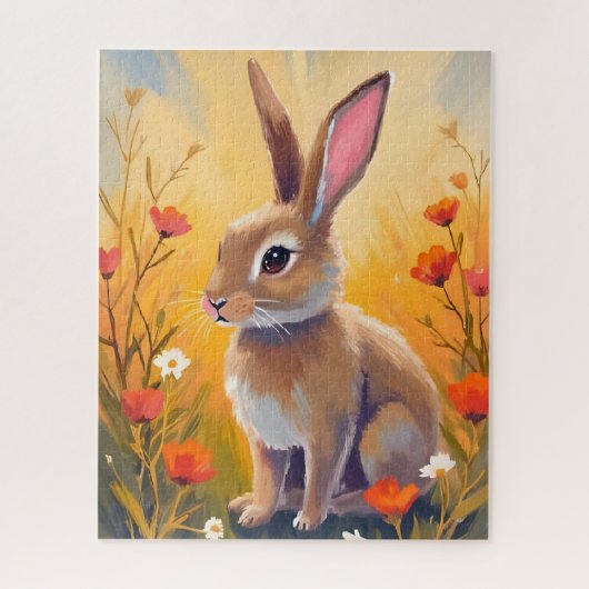 茶色のウサギの花の野原の動物の絵 ジグソーパズル (縦)