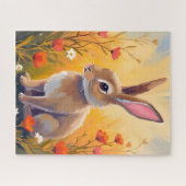 茶色のウサギの花の野原の動物の絵 ジグソーパズル (横)