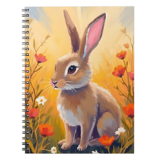 茶色のウサギの花の野原の動物の絵 ノートブック (正面)