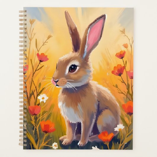 茶色のウサギの花の野原の動物の絵 プランナー手帳 (正面)
