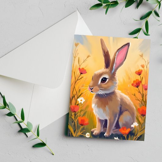 茶色のウサギの花畑の動物の絵カード